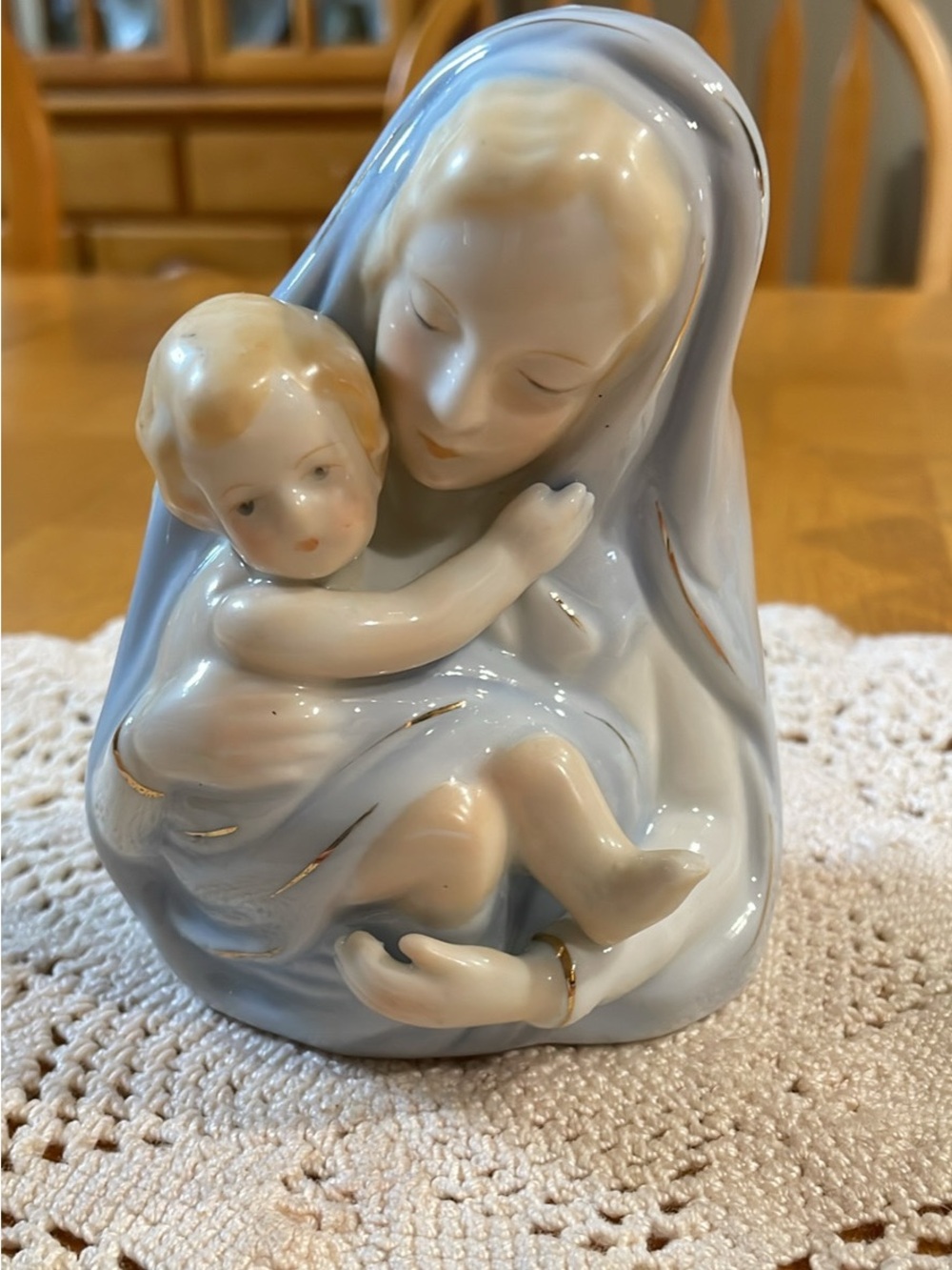 Hand-Painted Porcelain Madonna & Child Figurine in Soft Blue and Cream